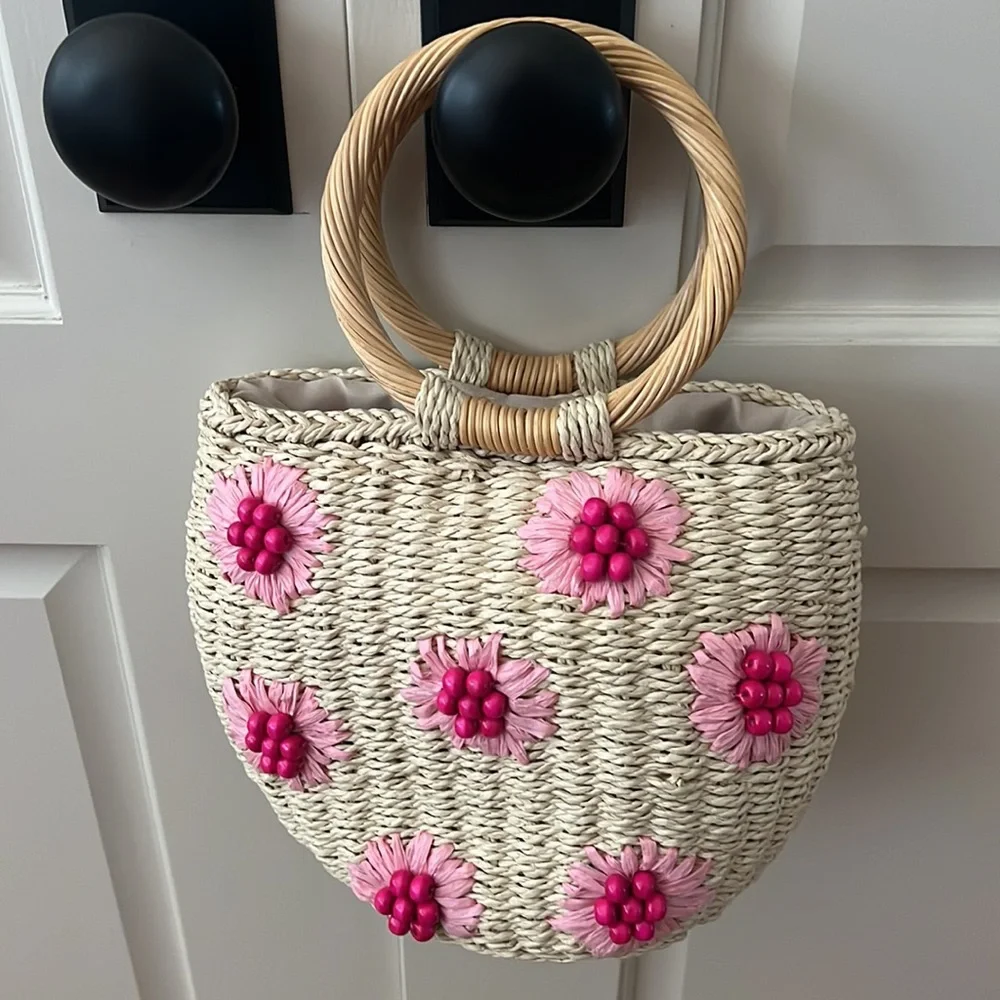Urban Expressions Woven Straw Satchel with Pink Floral Accents